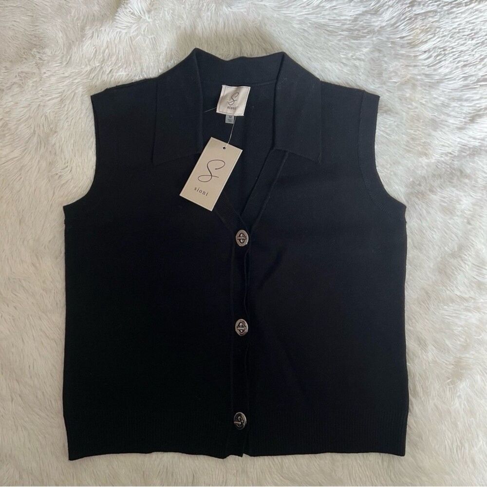 Sioni Black Knit Sweater Vest Size Medium Turnlock Buttons Sleeveless Collared